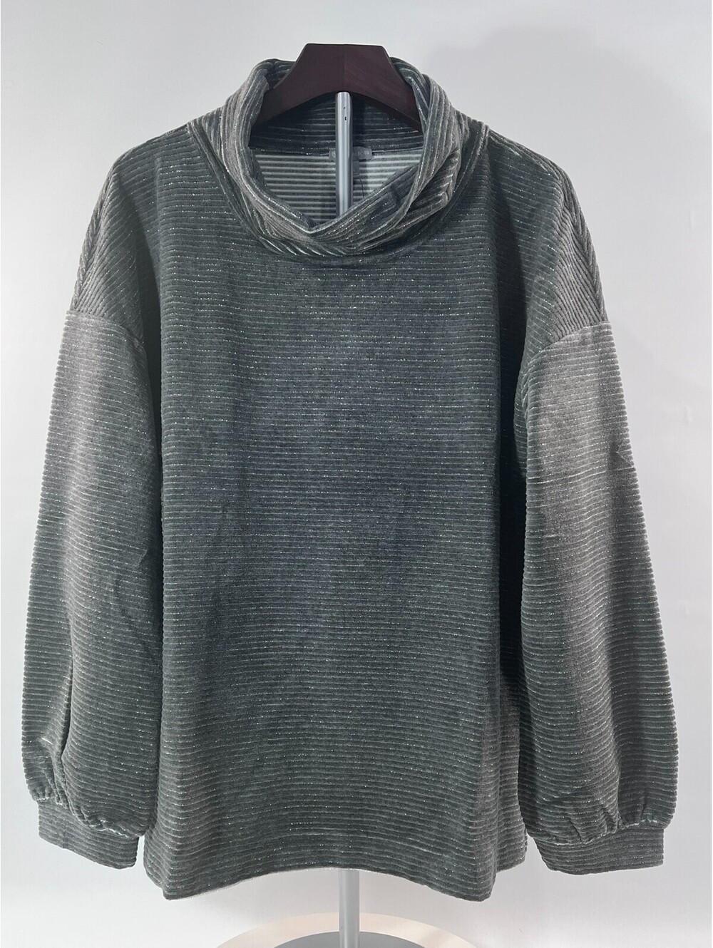 New! T by Talbots LUXE VELOUR LUREX® COWLNECK PULLOVER gray silver stripe XL